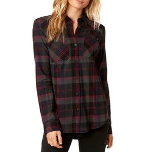 Fox Racing Womens Kick It Flannel Shirt Black Gray Red Plaid Button Up Size L